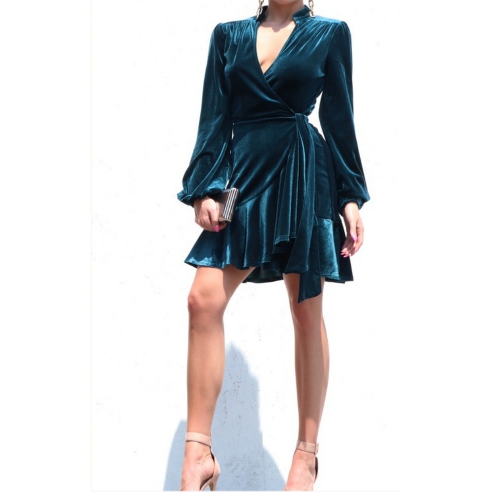 Teal Ruffle Velvet Wrap Dress